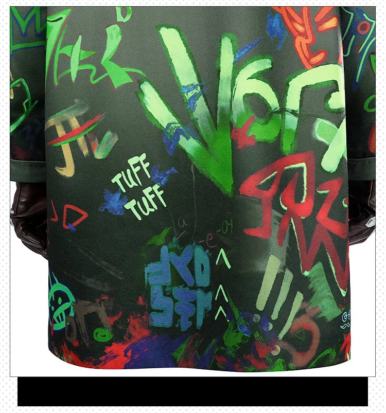 Close-up of the Arcane Ekko cosplay costume featuring vibrant graffiti designs and detailed textures