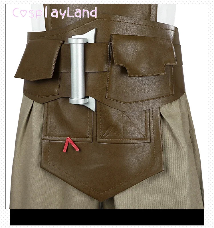 Close-up of Arcane Ekko cosplay costume featuring detailed brown belt with pockets and silver buckle