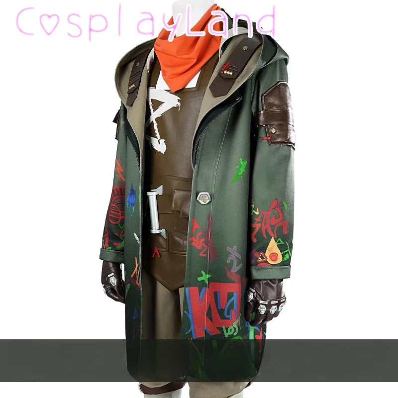 Detailed Arcane Ekko cosplay costume featuring a green coat with colorful designs and accessories
