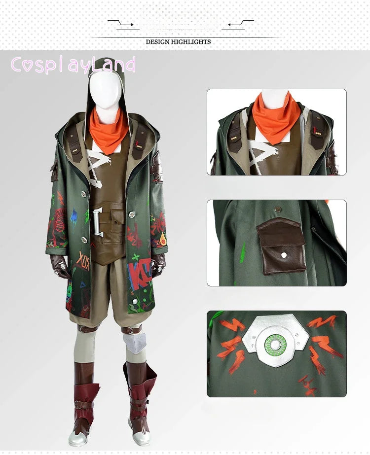 Arcane Ekko cosplay costume featuring a green oversized coat, orange scarf, and detailed accessories
