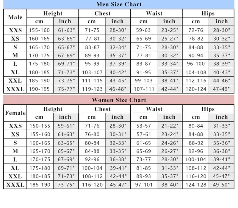 Men's and Women's Size Chart for Arcane Ekko cosplay costume with detailed measurements for accurate fitting