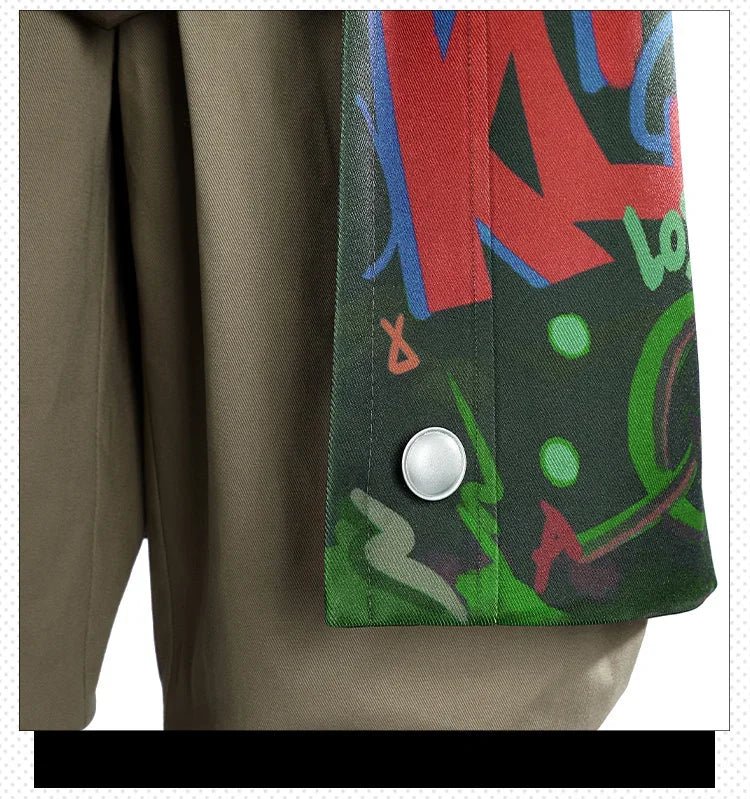 Detailed view of the Arcane Ekko cosplay costume featuring colorful graffiti design and buttoned details