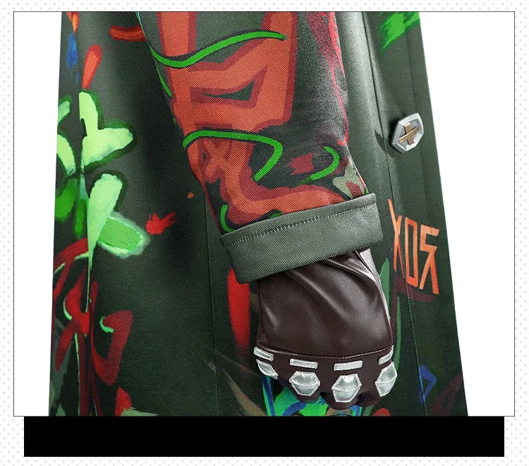 Detailed sleeve of Arcane Ekko cosplay costume with unique graffiti design and stylish gloves