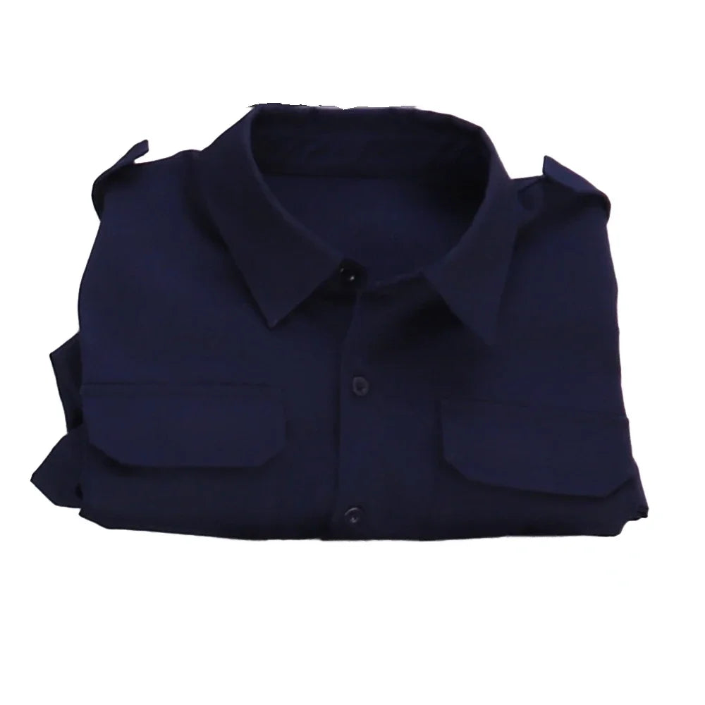 Folded dark blue shirt for RPD Leon S. Kennedy Halloween outfit with button-up design and pockets