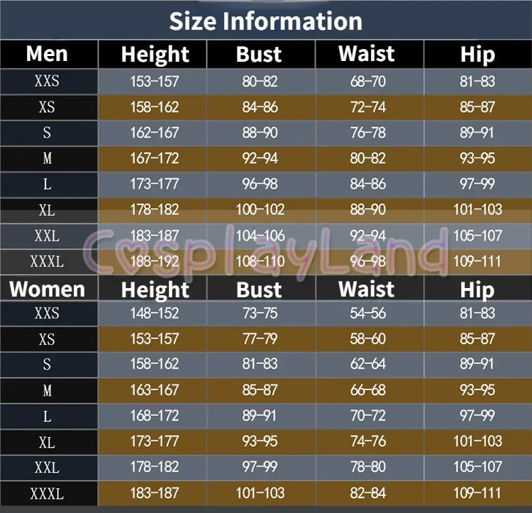 Size chart for RPD Leon S. Kennedy Halloween outfit showing measurements for men and women