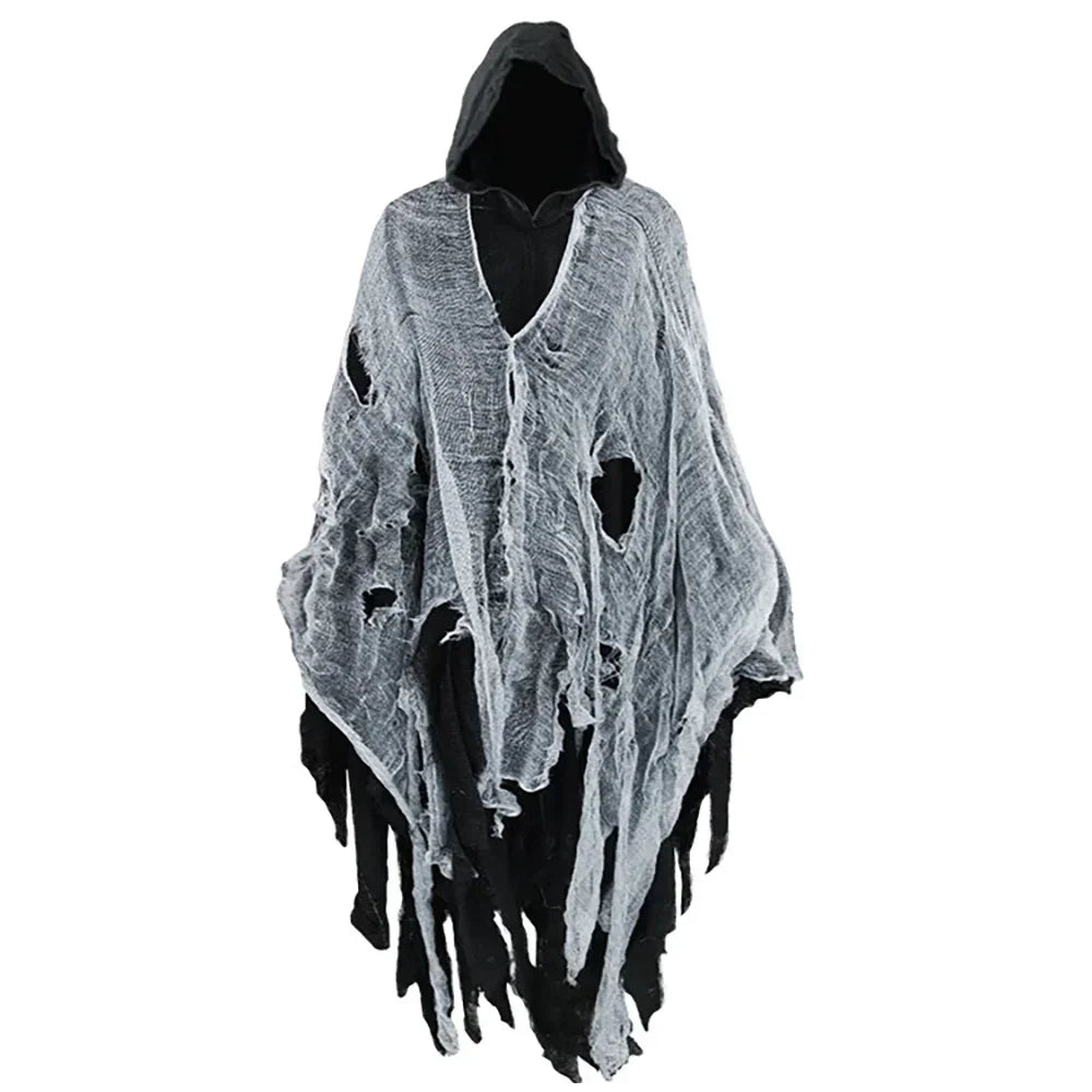 Costume hooded cape in black and gray with a tattered design perfect for Halloween outfits