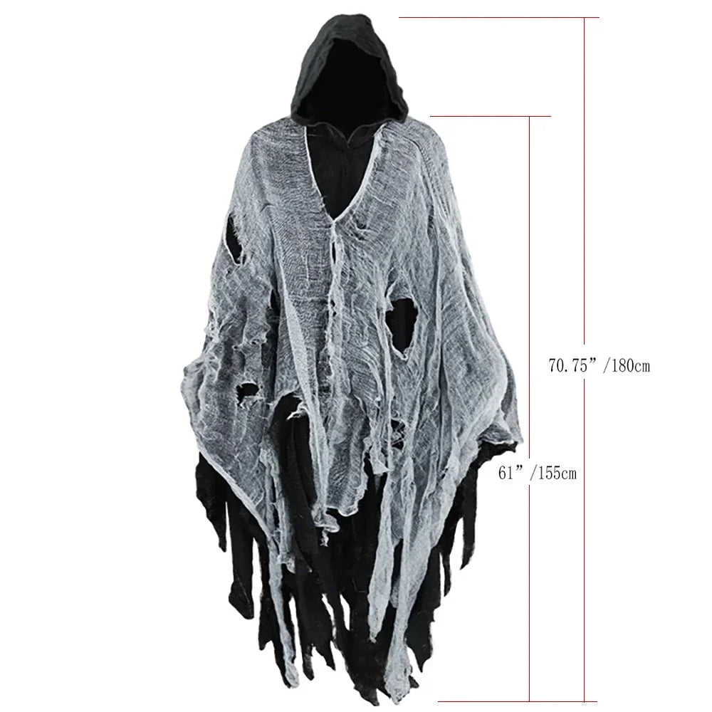 Haunting Zoomies & Co costume hooded cape with distressed fabric and dramatic length for spooky costumes