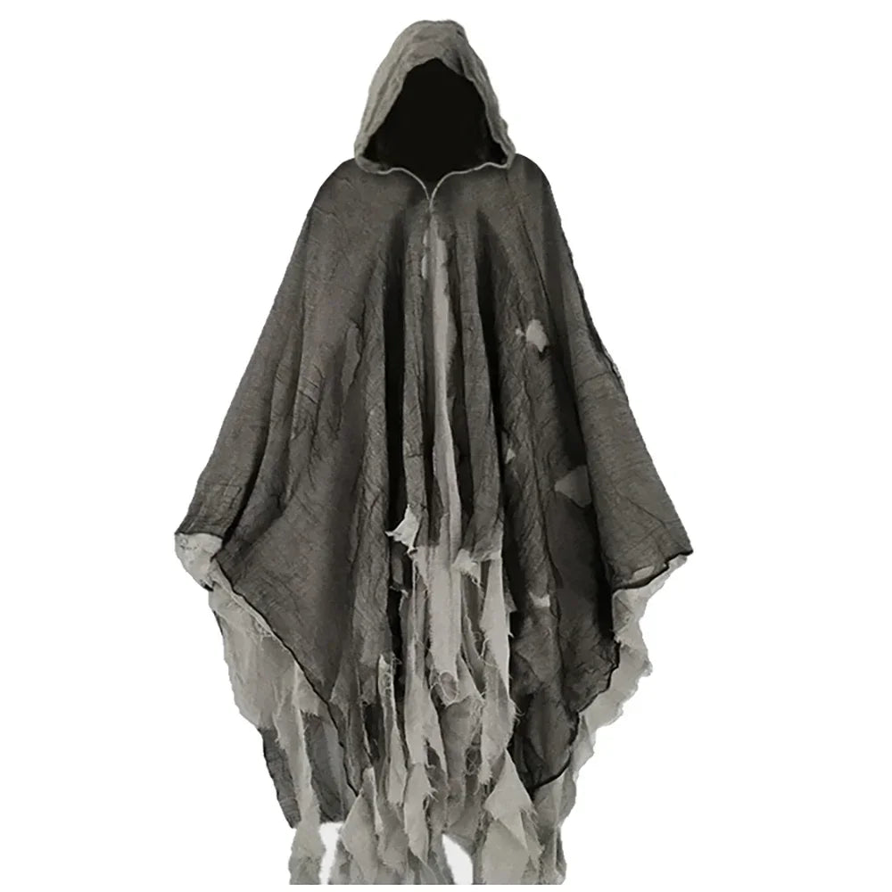 Spooky grey costume hooded cape with tattered edges for Halloween or themed events