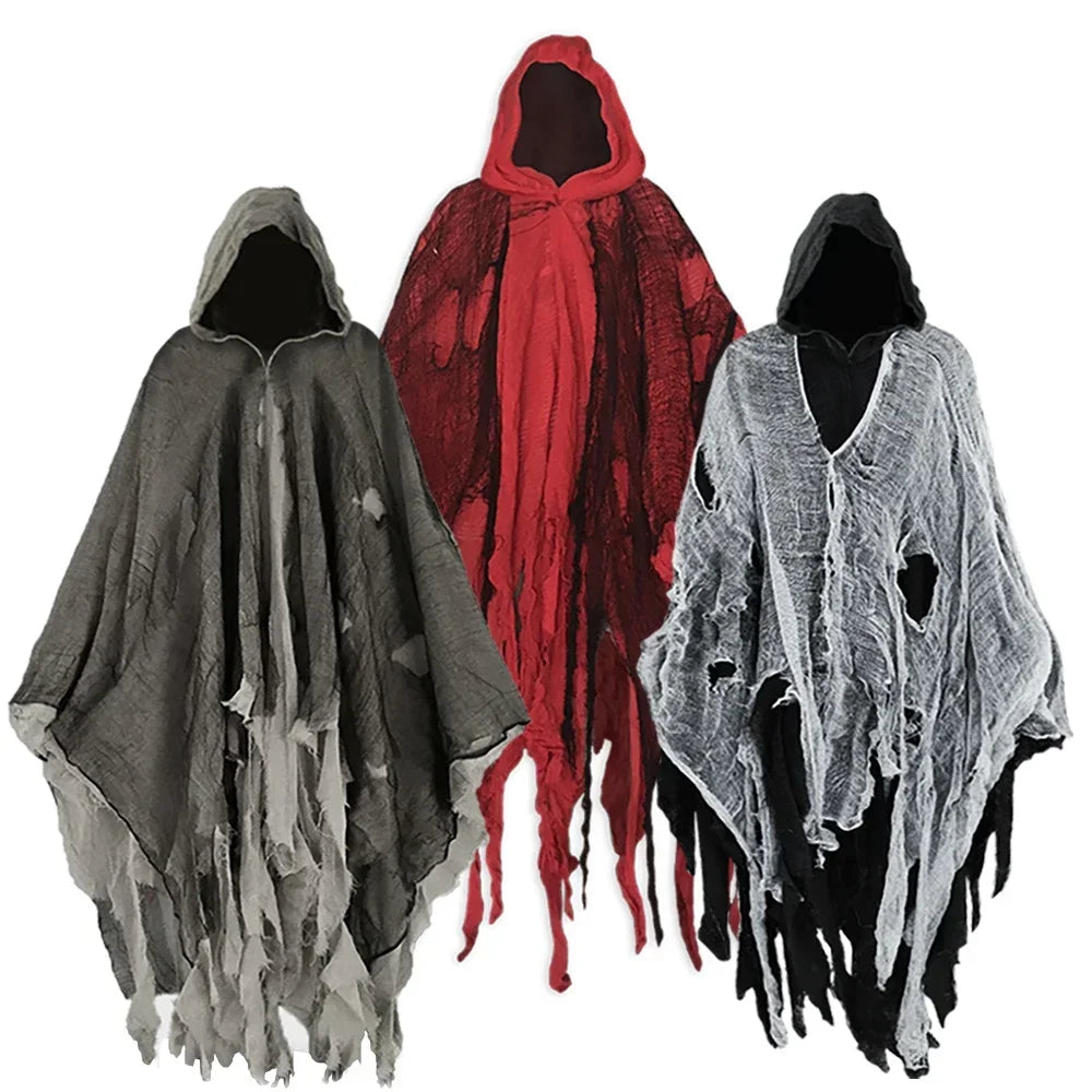 Three spooky costume hooded capes in black, red, and grey with tattered designs for Halloween fun