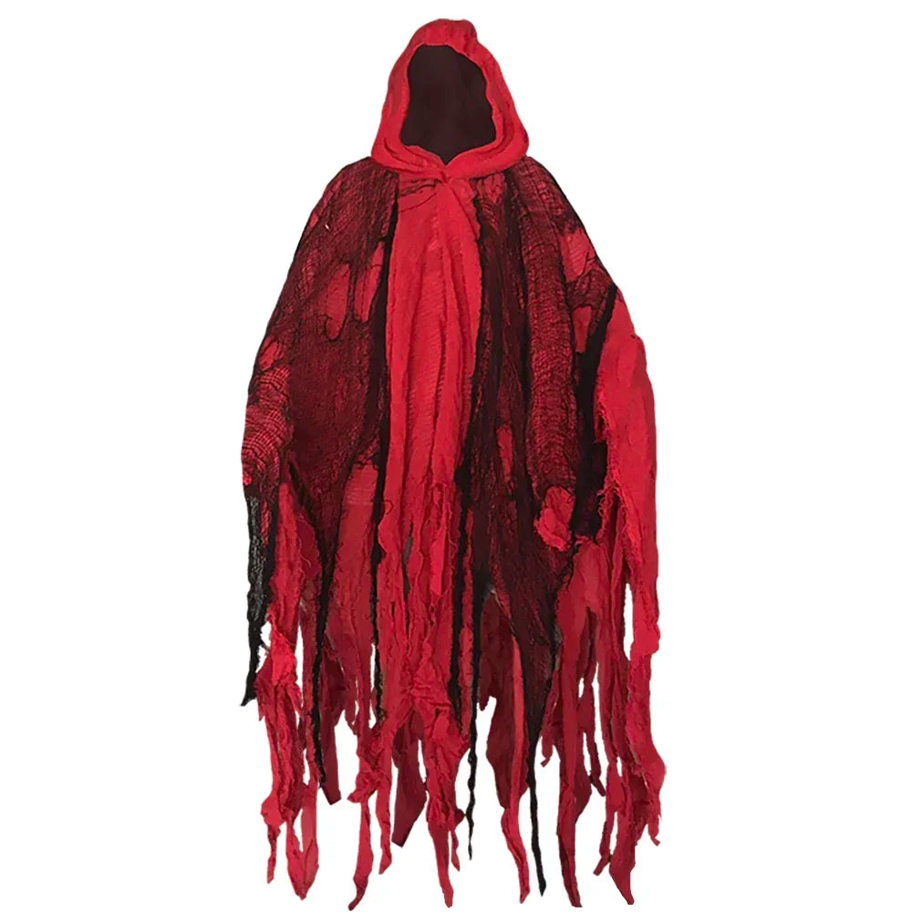Red and black costume hooded cape with tattered edges perfect for Halloween or costume parties