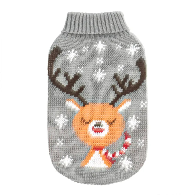 Cozy dog sweater with reindeer design featuring a cheerful reindeer on a gray background