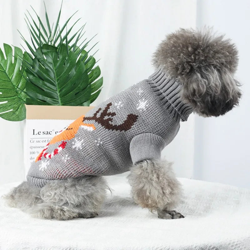 Cozy dog sweater with reindeer design for small breeds, perfect for winter wear