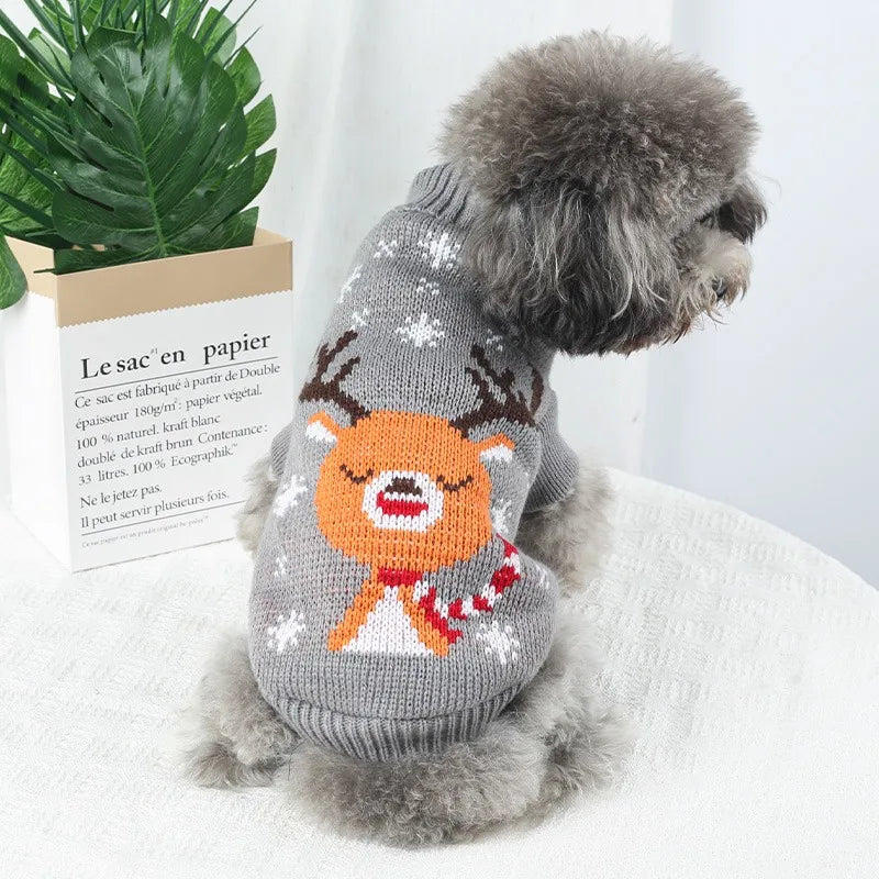 Cozy dog sweater with reindeer design in gray featuring a cheerful reindeer and snowflake pattern