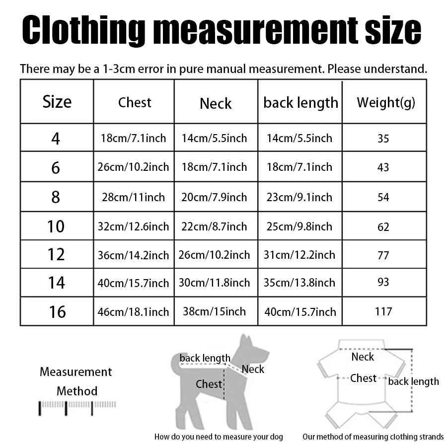 Sizing chart for cozy dog sweater with reindeer design, including chest, neck, and back length measurements.
