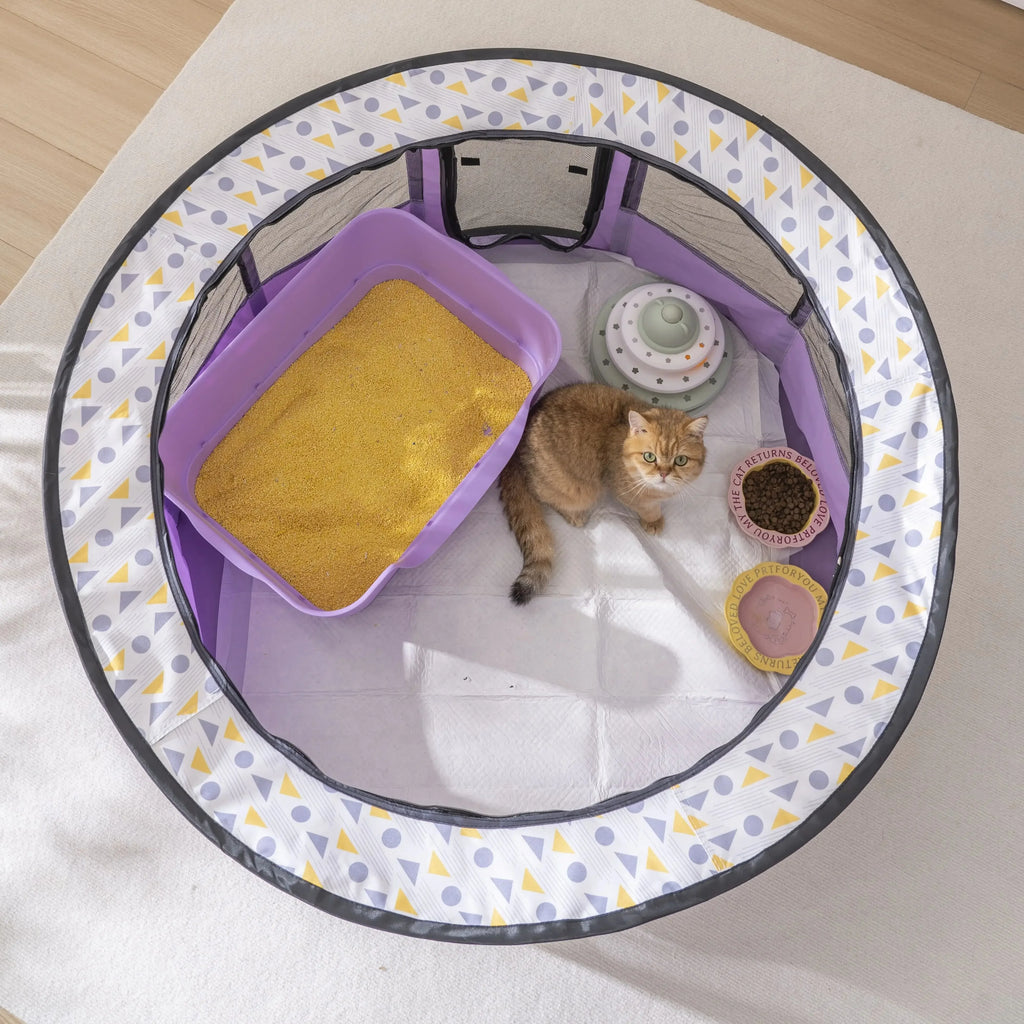 CozyCircle Pet Nest with a cat resting inside and food bowls for a comfortable pet environment