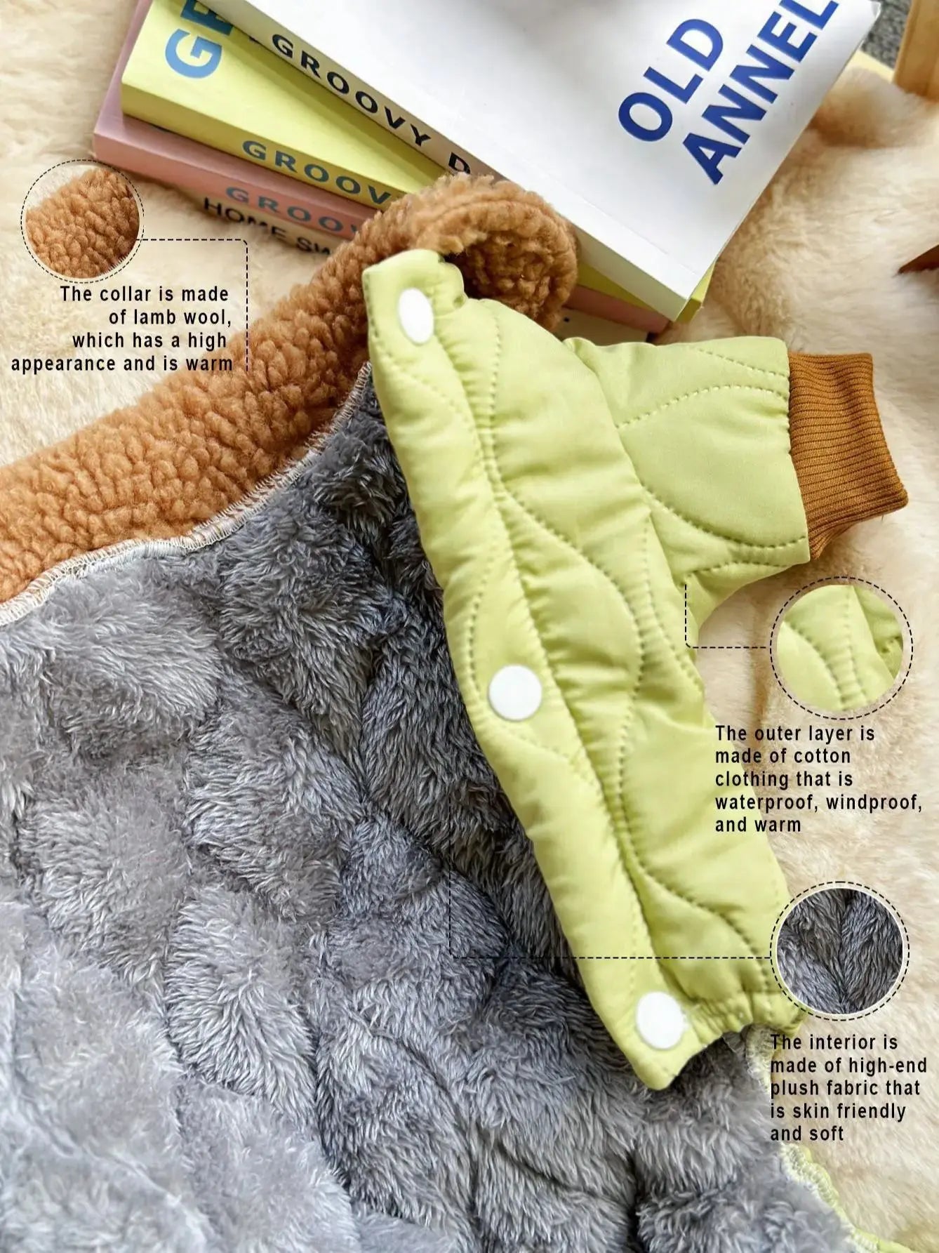Cute dog pajamas with plush accessory featuring a cozy lamb wool collar and waterproof outer layer