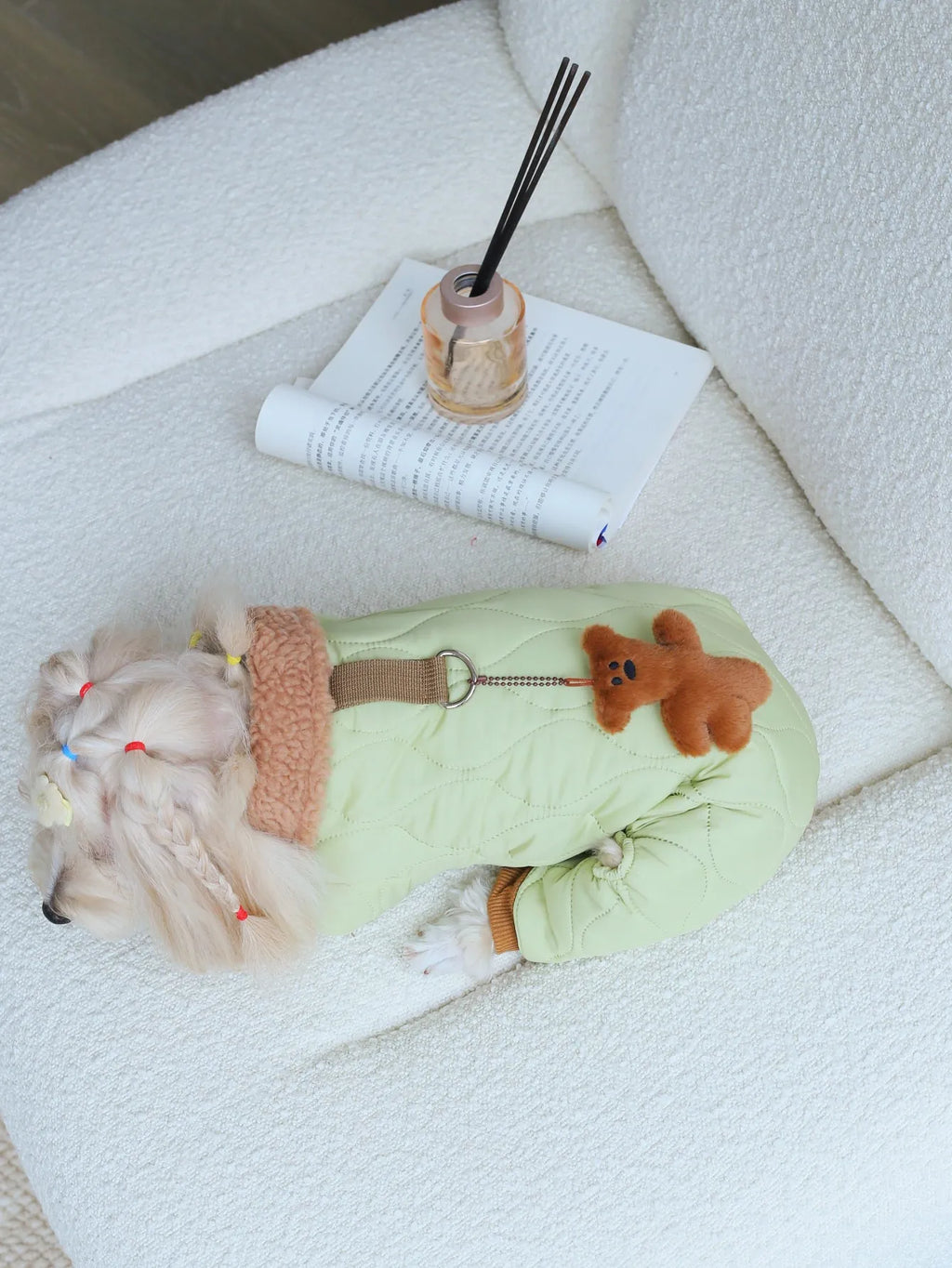Cute dog pajamas with plush accessory in mint green, featuring a teddy bear detail and soft material