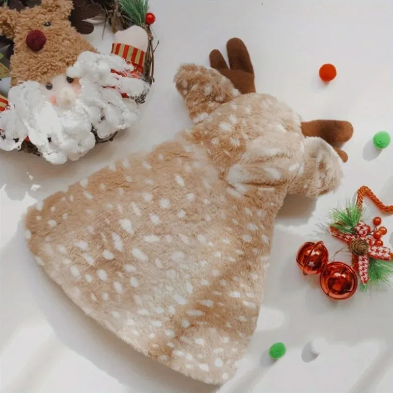 Cute dog reindeer costume for puppies with soft fur and antlers for festive celebrations