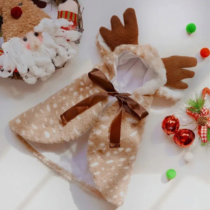 Cute dog reindeer costume for puppies in soft brown fabric with antlers and bow tie