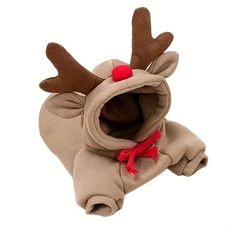 Adorable dog hoodie with cute fruit animal design featuring antlers and a red nose