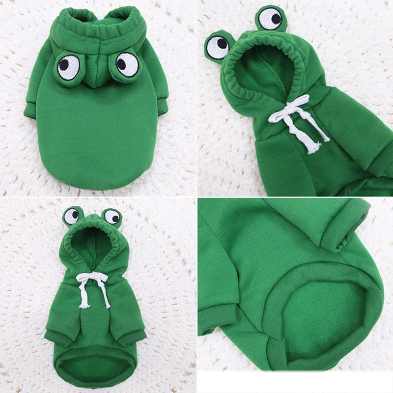 Cute fruit animal dog hoodie in green with frog design and playful eyes for small dogs
