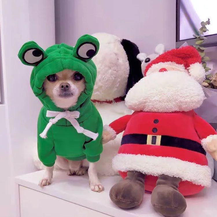 Cute fruit animal dog hoodie in green with frog design on a small dog next to plush toys