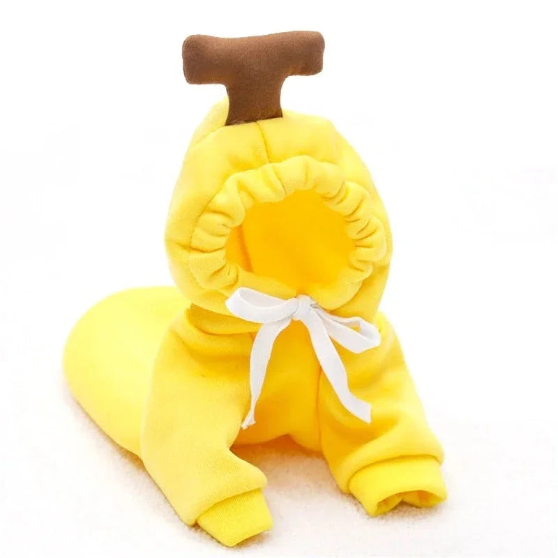 Cute fruit animal dog hoodie designed like a banana with hood and tie for small dogs