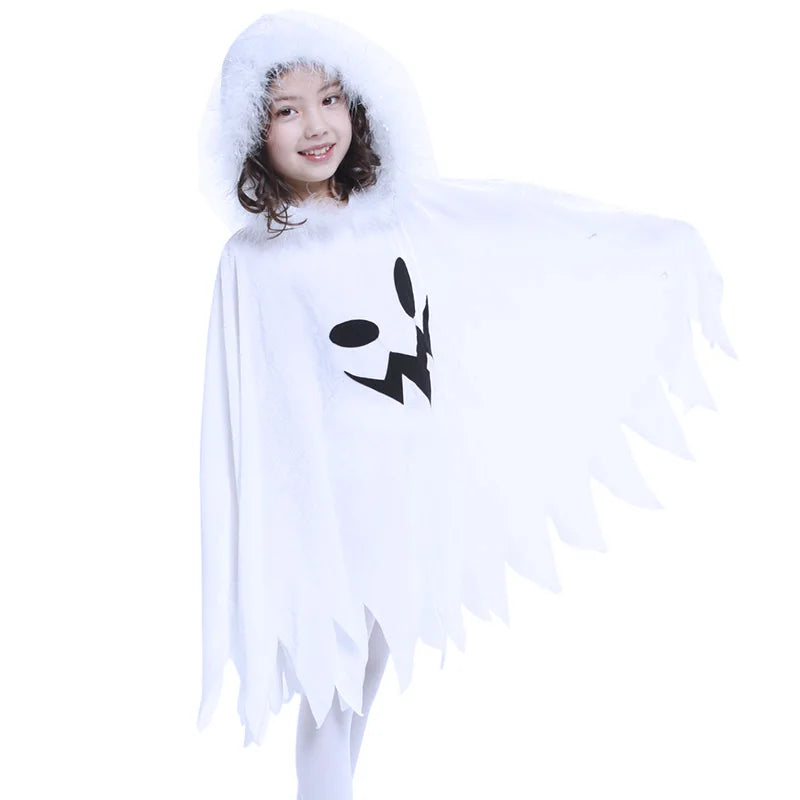 Cute ghost Halloween outfit boys girls featuring a white hooded cape with a playful face design