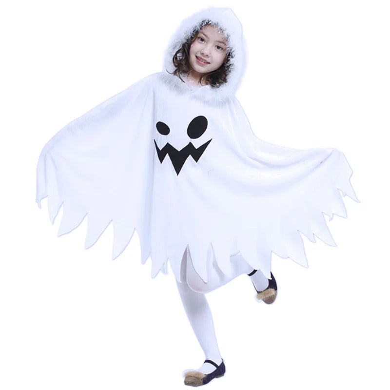 Cute ghost Halloween outfit boys girls featuring a white cape with a hood and spooky face design