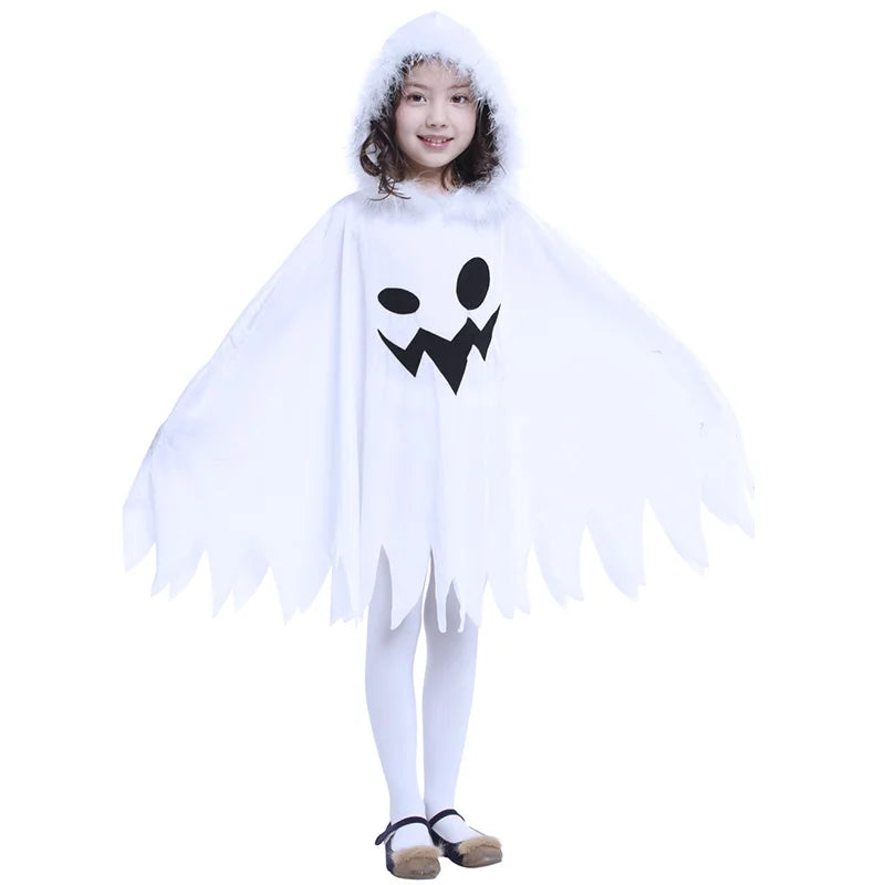 Cute ghost Halloween outfit boys girls with a white hooded cape and spooky face design