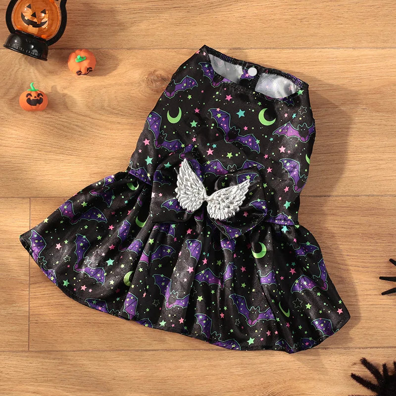 Adorable black dress with bat and moon pattern, a cute Halloween costume for medium dogs