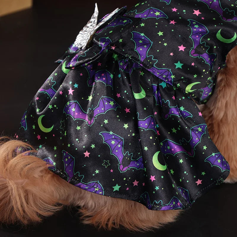 Medium dog wearing a cute Halloween costume with bat and moon patterns by Zoomies & Co