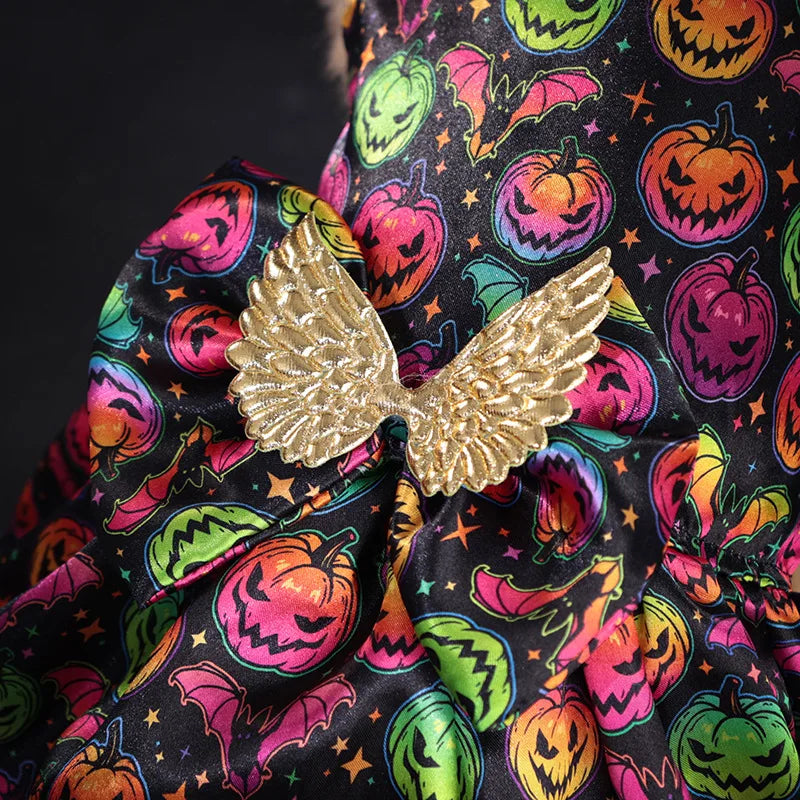 Cute Halloween costume for medium dogs featuring colorful pumpkin and bat patterns with golden wings