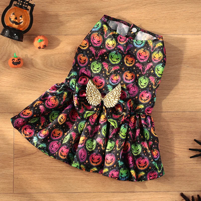 Colorful Halloween dress with pumpkin patterns, a cute Halloween costume for medium dogs