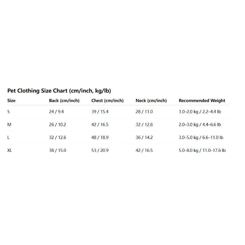 Size chart for pet clothing showing measurements for medium dogs in a cute Halloween costume
