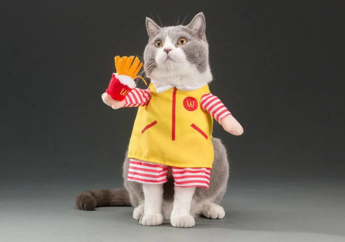 Cute Halloween costumes for pets featuring a cat dressed as a fast-food character holding fries