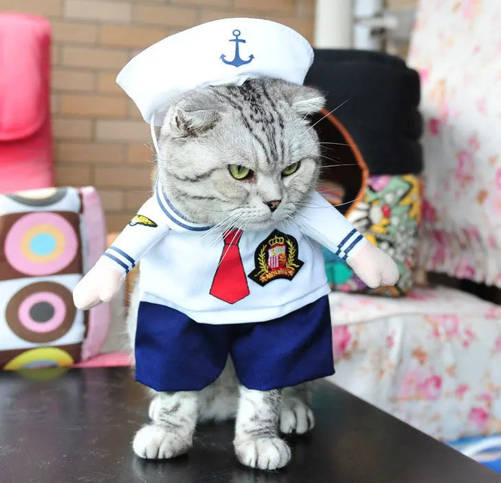 Cute Halloween costumes for pets featuring a sailor outfit for a cat with hat and uniform details