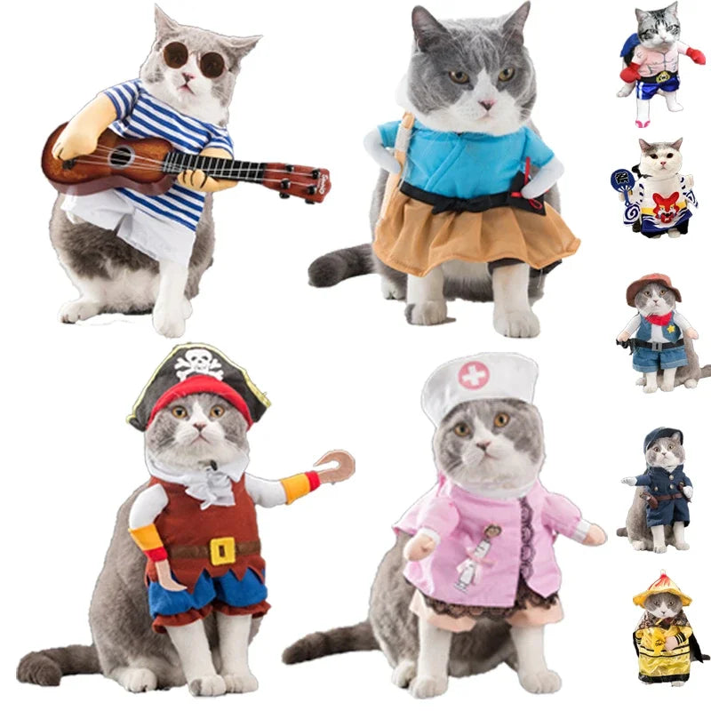 Various cute Halloween costumes for pets featuring pirate and nurse outfits for cats
