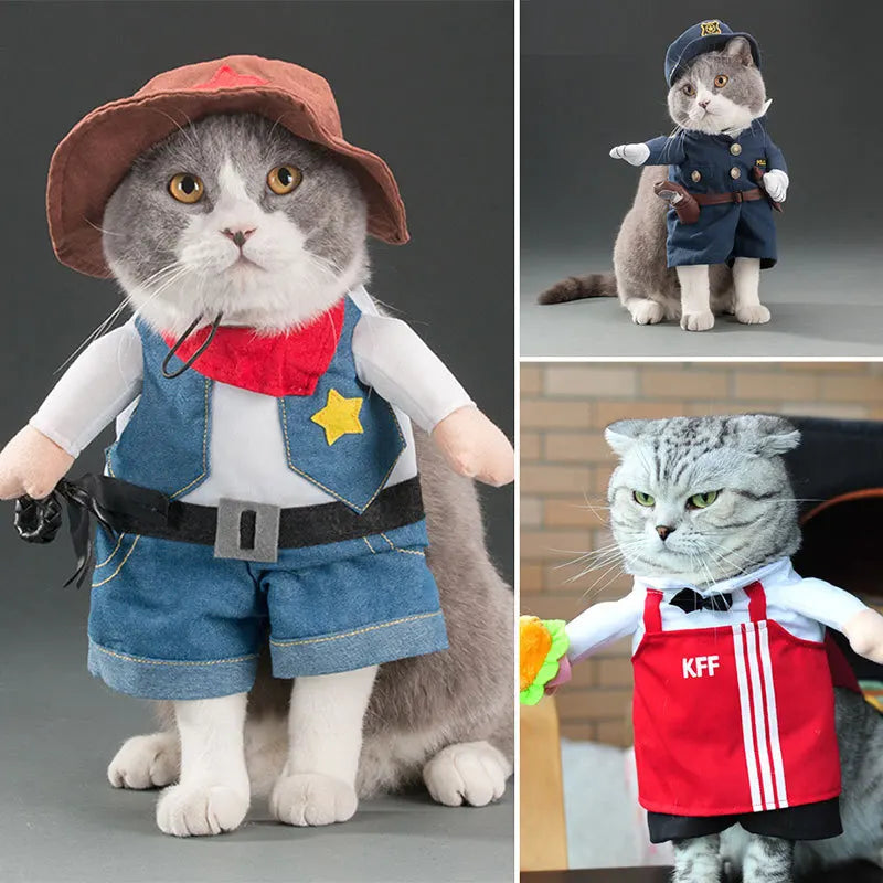 Adorable collection of cute Halloween costumes for pets featuring a cowboy and police outfits