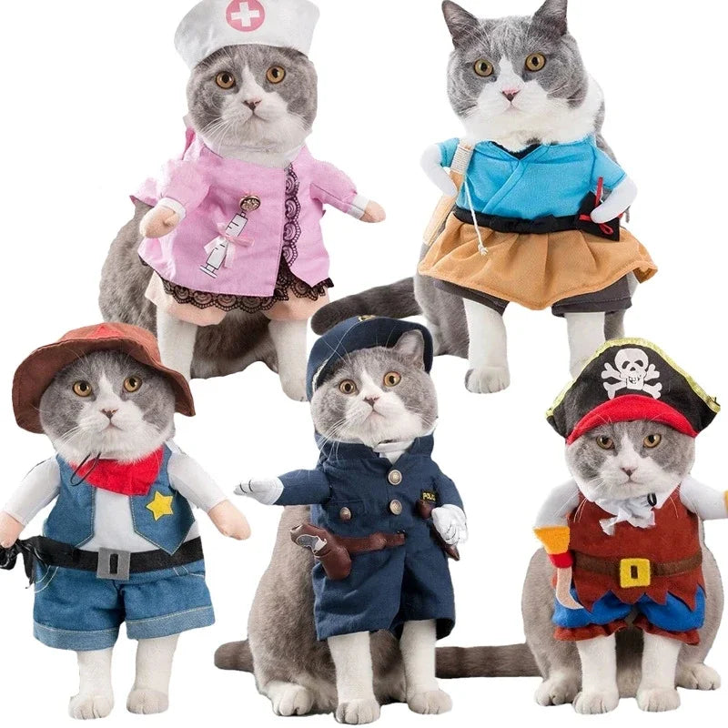 Assorted cute Halloween costumes for pets including pirate, police, and nurse outfits