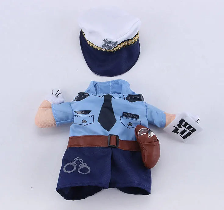 Cute Halloween costumes for pets featuring a police officer outfit with hat and handcuffs