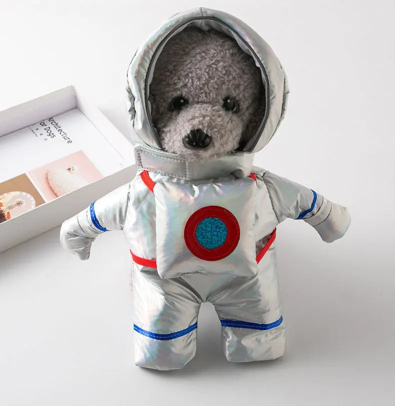 Cute Halloween costumes for pets featuring a silver astronaut suit for small dogs