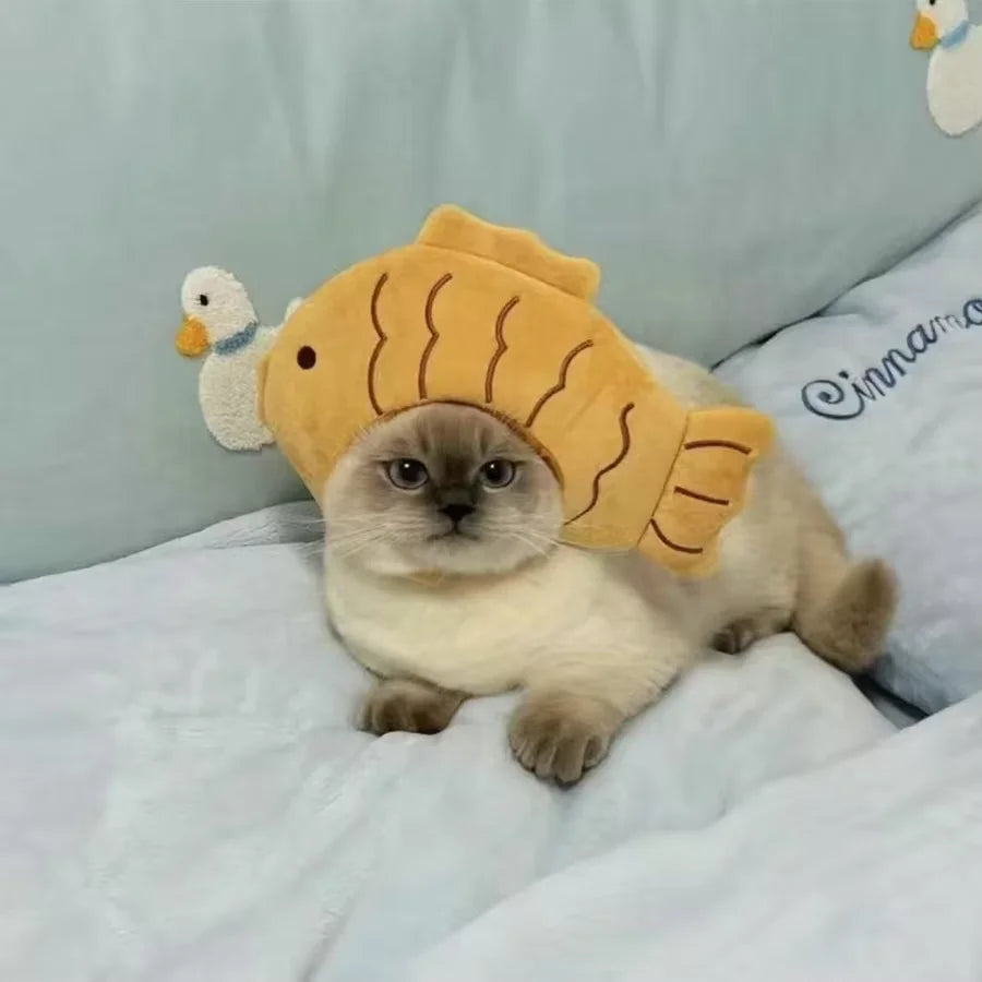 Adorable cat wearing a cute knitted cat cosplay costume with a fish hat on a cozy bed