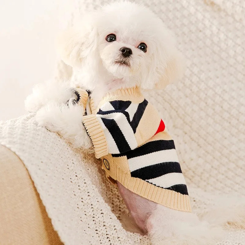 Cute knitted dog coat for winter featuring a stylish striped design and a snug fit for small dogs