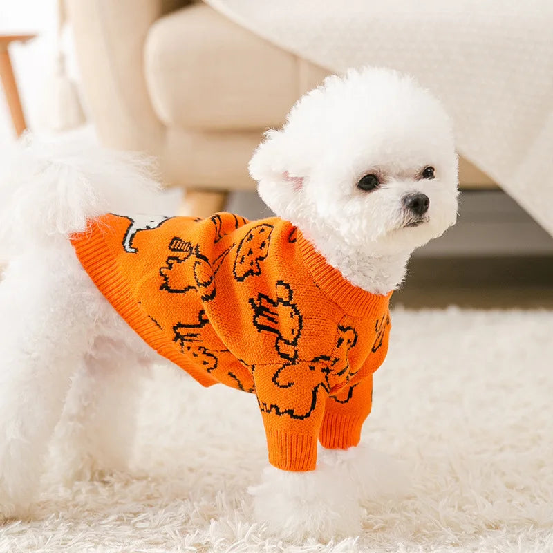 Adorable cute knitted dog coat for winter in orange with playful design, perfect for small dogs