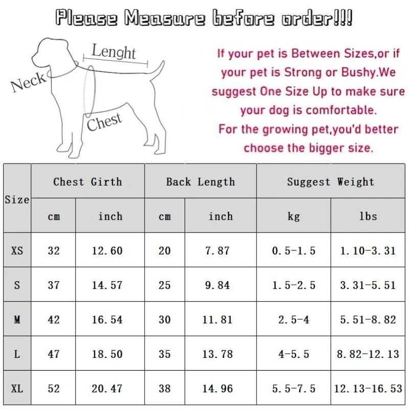 Size chart for cute knitted dog coat for winter with measurements for neck and chest girth