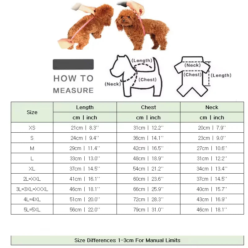 Size guide for cute pet clothes for small dogs with measurements for length, chest, and neck