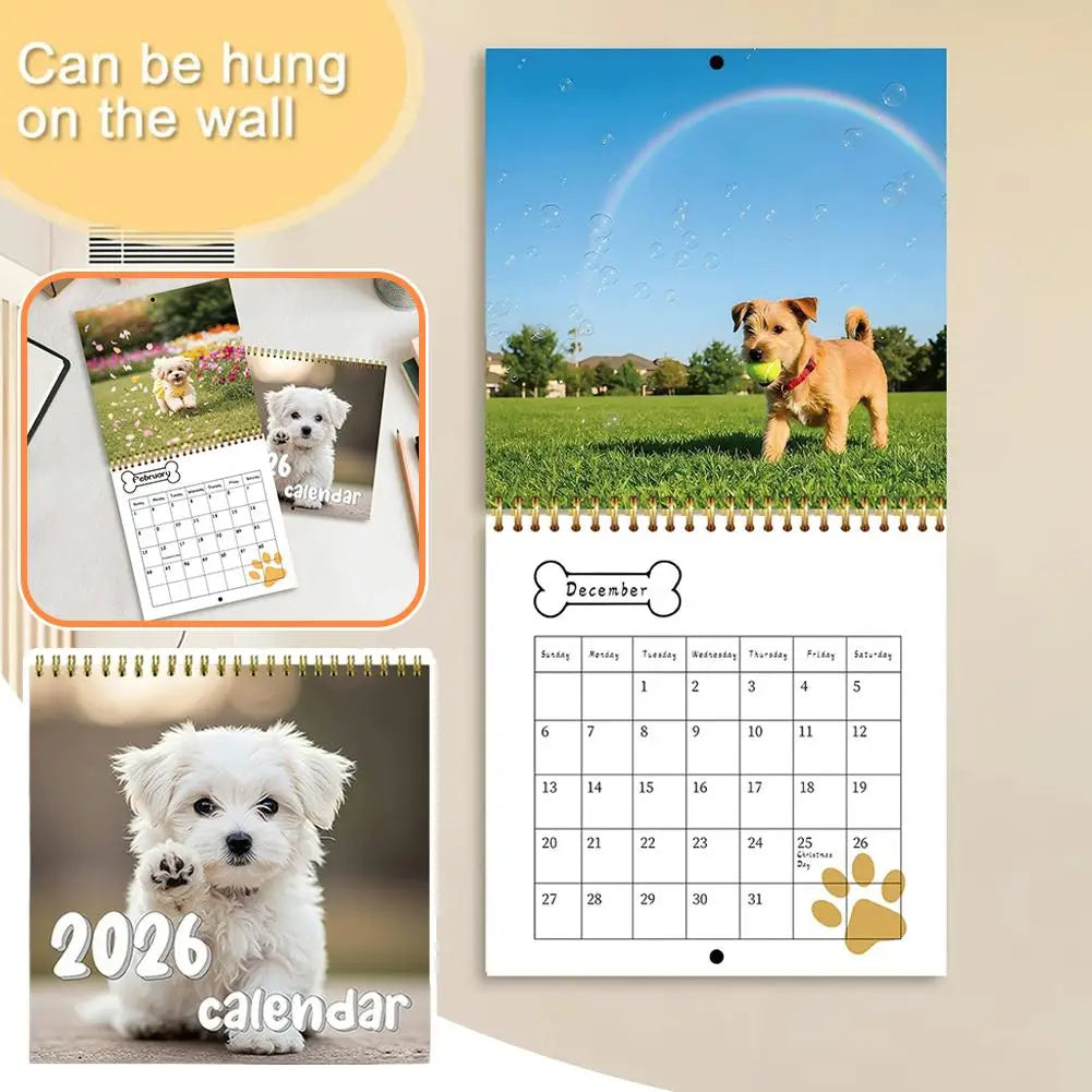 Cute puppy wall calendar 2026 featuring adorable puppy images and a hangable design