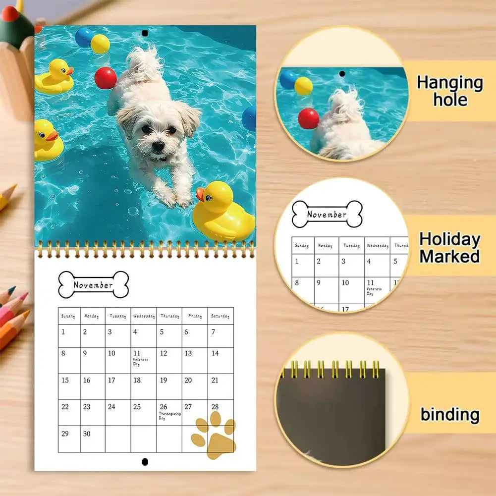Cute puppy wall calendar 2026 featuring adorable puppies and colorful duck toys in a pool