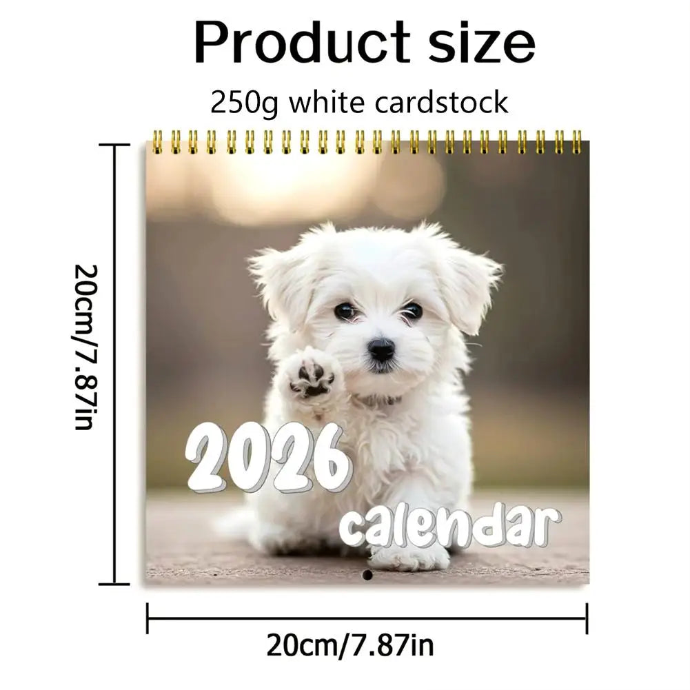 Cute puppy wall calendar 2026 featuring an adorable white puppy on a soft background